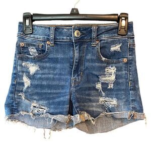 American Eagle Sz 0 Blue Denim Distressed Hi-Rise Shortie Super Stretch Shorts